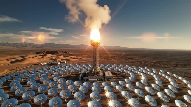 Aerial view of a concentrated solar power plant with parabolic mirrors reflecting the sun's energy in a desert landscape