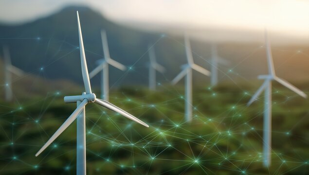 Wind turbines standing in a wind farm, harnessing wind power for green energy, connecting with a smart grid network - Powered by Adobe