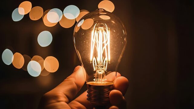 A hand holds a glowing light bulb with a warm filament and colorful bokeh lights, symbolizing innovation and creativity