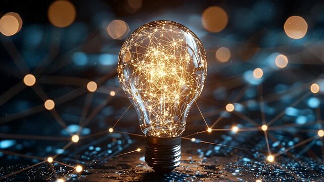 A stunning visual representation of innovation and creativity, featuring a glowing light bulb with dynamic network connections and sparks