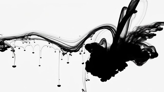 Abstract black ink dissolving in water, creating a dynamic and flowing pattern against a white background.