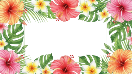 Watercolor tropical flower border with hibiscus and frangipani. Exotic floral frame for summer party invitation.