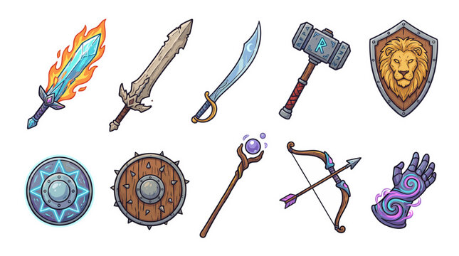 A collection of fantasy weapons and shields, including a flaming sword, various blades, and magical items, ready for battle 
