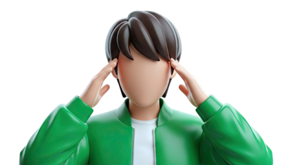 3D character holding head, showing stress or headache