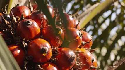 Close-up of vibrant red palm fruits clustered on a tree branch in bright