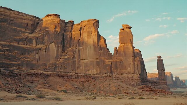 Towering sandstone formations in a desert landscape under a clear blue sky with sparse clouds