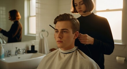 Obraz premium Woman trims young man's hair in a sunlit home bathroom