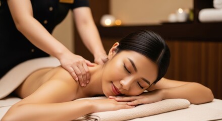Obraz premium Woman with closed eyes getting a soothing back massage at a spa