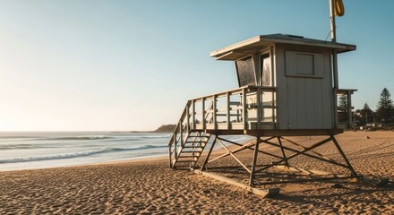 Obraz premium Wooden lifeguard tower on sunny beach with ocean waves and clear sky