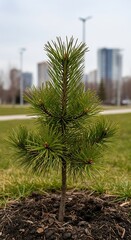 Young Pine Tree Sapling in Urban Park Setting.