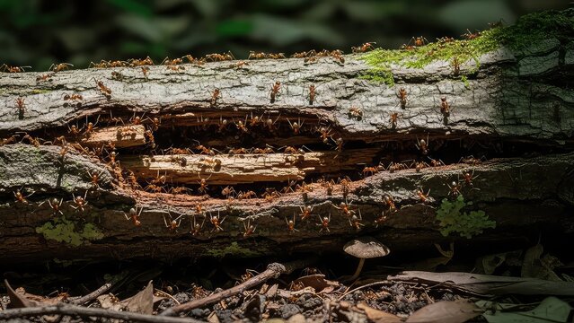 team of ants breaking down dead tree