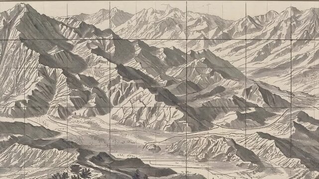 A vintage monochrome mountain range map, likely an engraving, with grid overlay and textured detail