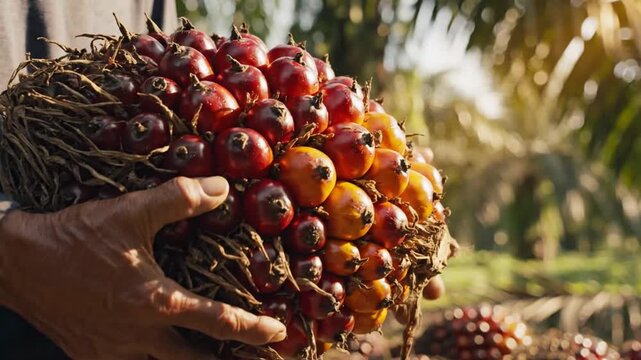 Harvesting and Handpicking Ripe Oil Palm Fruits in a Tropical Plantation