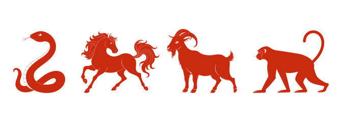 Red vector Chinese Zodiac animals: snake, horse, goat, and monkey on a white background. © DisignUA
