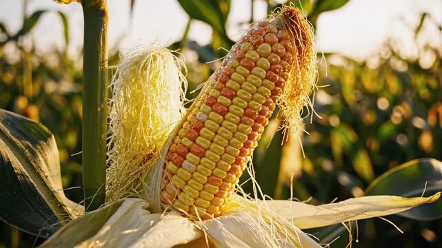 Close-up of ripe yellow corn on the stalk during golden hour sunlight as part
