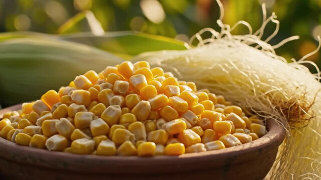Close-up of fresh yellow corn kernels in a rustic bowl with corn silk on a