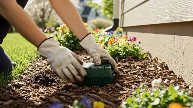 Installing a pest control trap in garden bed near house exterior provides year round protection