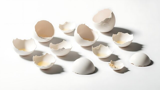 Broken white eggshell fragments scattered on plain surface Modern