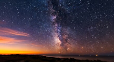 Obraz premium Milky Way over the Ocean at Sunset - A Stunning Nightscape.