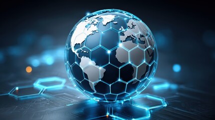 Concept of a global financial system. A digital globe with hexagonal patterns and glowing blue accents, representing technology and connectivity in a modern world.