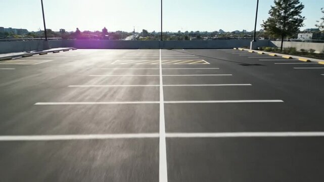 Empty rooftop parking lot with freshly painted white and yellow lines, sunny day, cityscape in background.