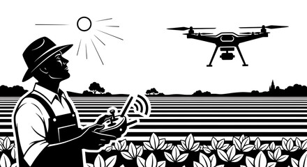 Farmer operating drone in field for precision agriculture and crop monitoring.
