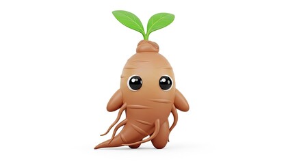 Cute and Playful Ginseng Root Character with Big Eyes on a White Background