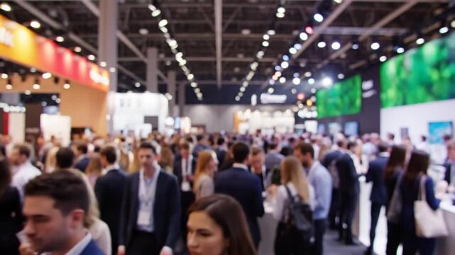 Blurred crowd of business professionals socializing and networking at a trade show event