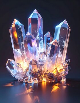Abstract crystal-like shapes forming cluster with high light reflection