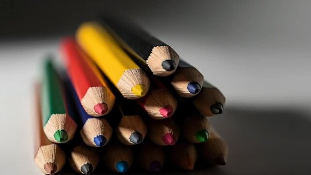 Close-up of a stack of colored pencils arranged in a pyramid shape on a white surface.
