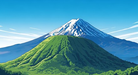 Mount Fuji and Green Hill - A Serene Landscape Illustration.