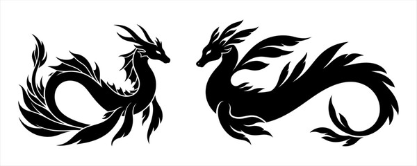 Stylized mythical sea serpents in black silhouette, an elegant fantasy creature pair © Sunnn
