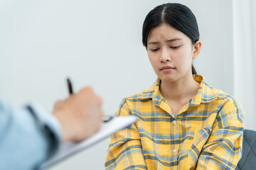 woman with mental health problems is consulting. psychiatrist is recording the patient's condition for treatment. encouragement, love and family problem, bipolar , depression patient, protect suicide