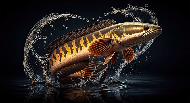 Magnificent golden snakehead fish illustration with splashing water effect and dark backdrop