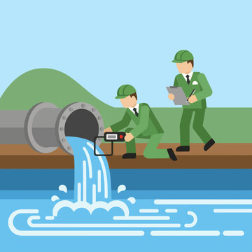 Engineers Inspecting Water Pollution from Pipe.