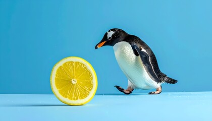 Fototapeta premium a cute penguin walking next to a lemon on a bright blue background