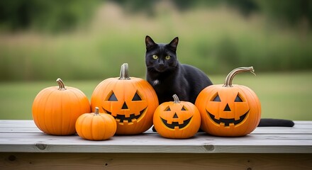 Halloween Black Cat with Jack-o-lanterns on a Wooden Table.
