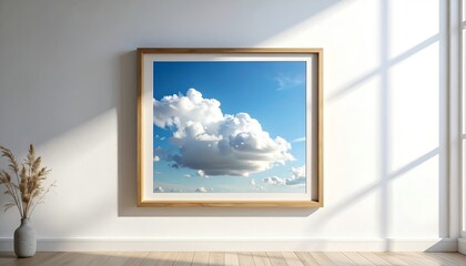 a framed picture of a cloudy sky hangs on a wall next to a vase of wheat
