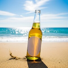 Refreshing Beer Bottle on Sandy Beach - A Summer Escape.