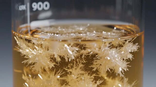 Clear Faceted Crystal Specimen Suspended by Tweezers Over Amber Liquid in Graduated Glass Beaker with Subtle Bubbles on Surface Detailed Close-Up Scientific Experiment in Laboratory Setting