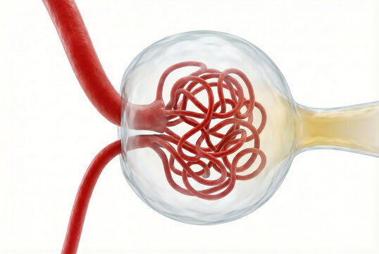 3D Anatomy of Kidney Glomerulus: Afferent and Efferent Arterioles with Proximal Tubule and Filtration Flow