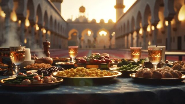 A lavish spread of Middle Eastern cuisine served on a grand banquet table, illuminated by warm golden hour light, evoking a sense of celebration and abundance