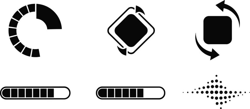 Loading icons collection, buffering symbol artwork, progress bar design, rotation concept illustration, processing style, creative interface set