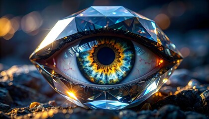 a massive,crystal-shaped object depicting an eye with rainbow-colored irises