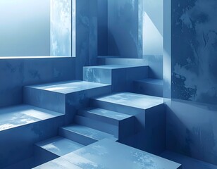 a minimalist interior scene featuring a staircase made of cube-shaped blocks in shades of blue
