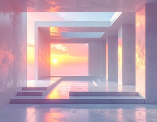 a modern interior with a stunning sunset scene through an opening