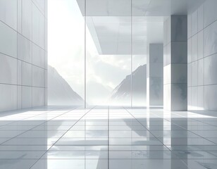 a modern interior with large tiles and a vast landscape reflected through the windows