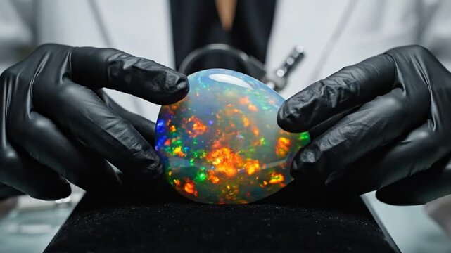 Expert examining a vibrant opal gemstone with a lab microscope, showcasing play of color and brilliance