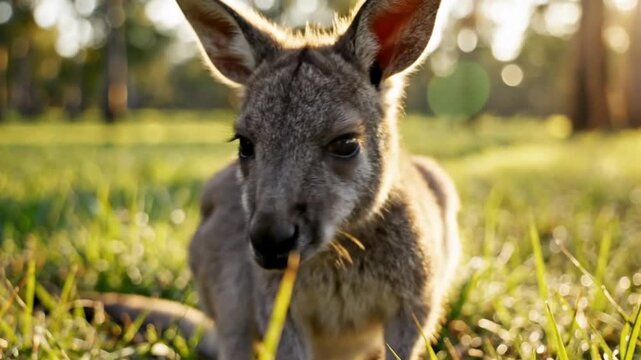 Cute baby kangaroo joey stands in the sunshine in a grassy field looking directly at the camera