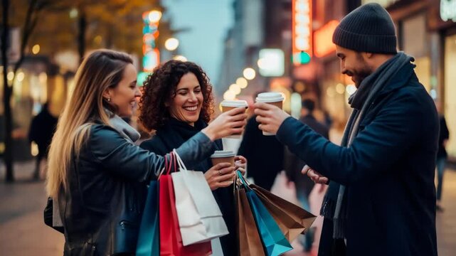 Two caucasian women and one caucasian man on an autumn shopping trip, toasting with coffee while holding shopping bags.